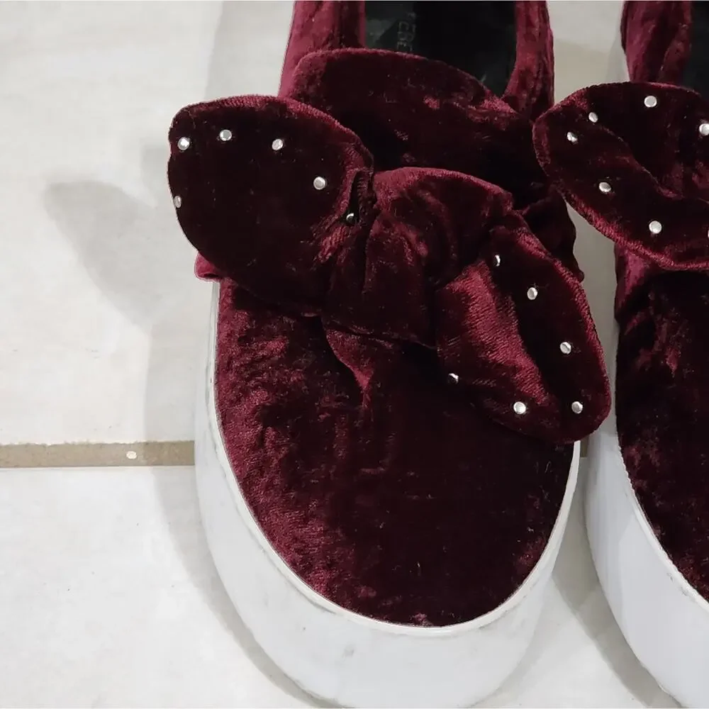Rebecca Minkoff Burgundy Velvet Rhinestone Bow Platform Slip On Sneakers‎ 7.5